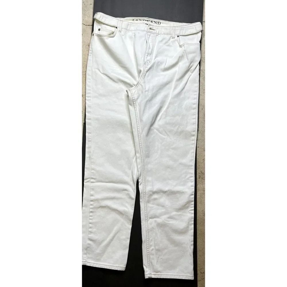 Lands End White Denim High Rise Elastic Adjustable Waist Button Jeans Size 18